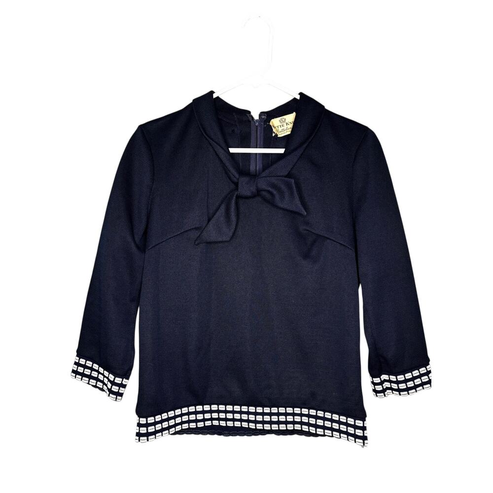 Vintage 1960s Butte Knit Navy & White Sailor Tie Border Print Top 3/4 Sleeve M